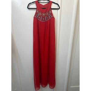 Sabine Red Beaded Halter Maxi Dress Womens Medium Boho Chiffon Gown Floral